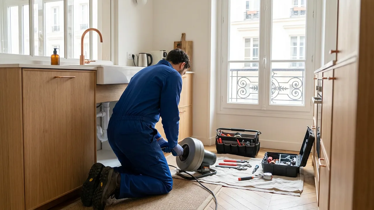 Plombier débouchant l'évacuation sous l'évier d'une cuisine d'appartement à Paris 1er
