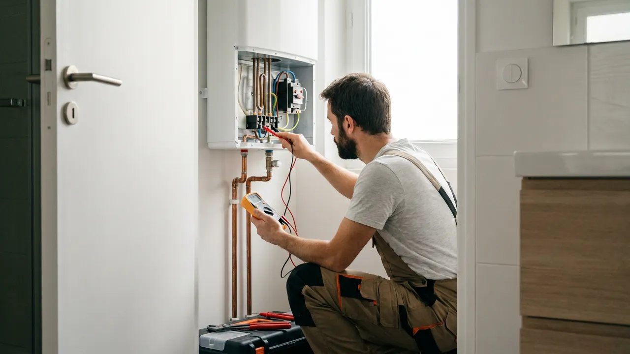 Plombier diagnostiquant au multimètre un chauffe-eau électrique dans un placard d'appartement à Paris 1er